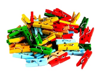 Mini Clothes Pegs, Assorted Coloured Wood 50 pieces