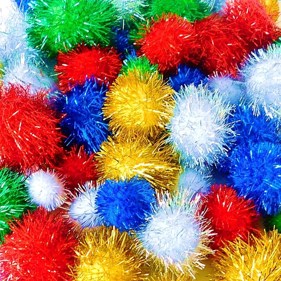 Glitter Pom Poms Assorted Colours and Sizes 100 Poms 