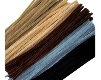 May include: A bundle of colorful pipe cleaners in brown, tan, light blue, and black. The pipe cleaners are arranged in a fan shape.