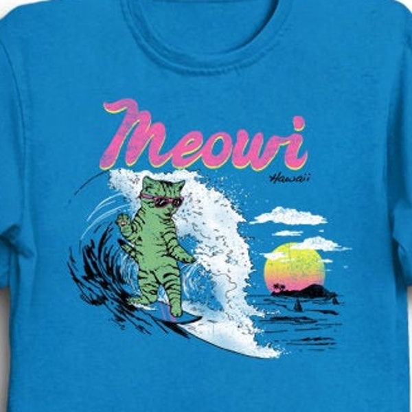 Meowi T-Shirt - Funny Cute Tee Shirt Gift for Summer Surfer Vacation 80s Retro Vintage Cat Kitten Beach Hawaii Maui