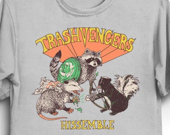 Trashvengers T-Shirt - Cool Funny Tee Shirt Gift Opossum Possum Raccoon TrashPanda Skunk Cat Kitten Hero 80s Retro Cute Pets Adopt