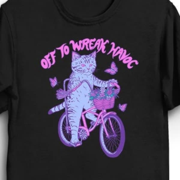 Off To Wreak Havoc T-Shirt - Funny Cool Tee Shirt Gift for Geek Kitten Cute Pets LOL Memes Animals Awesome 80s Cat Bicycle Retro Vintage