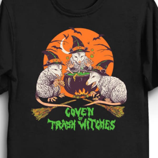 Coven Of Trash Witches T-Shirt - Funny Cool Tee Shirt Gift for Geek Animals 80s Retro Vintage Possum Opossum Witch Halloween Spooky Garbage