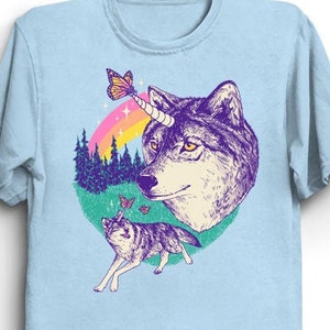 Heckin' Wolfcorns T-Shirt - Cool Funny Tee Shirt Gift Wolf Wolves Wolfcorn Unicorn Magic Magical Butterfly Fantasy 80s Retro Rainbow Nature
