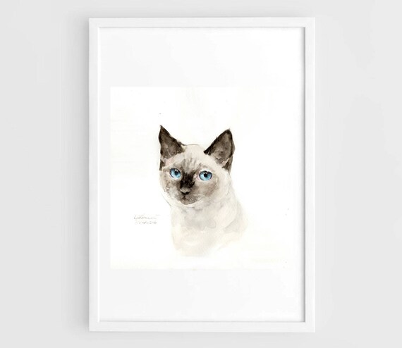 Original Watercolorcat Paintingsiamese Catblue Etsy