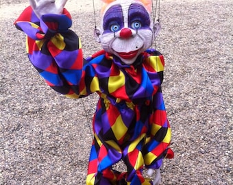 marionetta grande Clown 2 EDA burattinaio artista strada televariete corda professionale Art Doll Fatto a mano