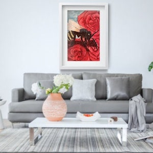 Original artists painting of a bee on a rose, digital art print suitable for printing.