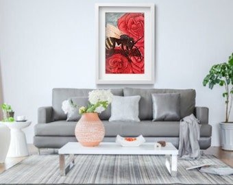 Original artists painting of a bee on a rose, digital art print suitable for printing.