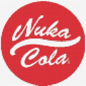 May include: A circular cross-stitch pattern featuring a vibrant red background with the white text Nuka Cola written in a stylized script font. The design mimics a pixelated aesthetic with visible individual stitches throughout the circular shape.