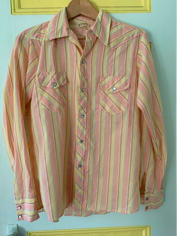 Hutspah Men's Shirt Striped Button Down Vintage Yellow / Gray Cotton XL 80s