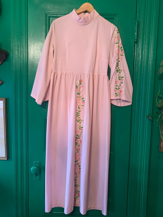 Embroidered Pink Maxi Dress with Bell Sleeves