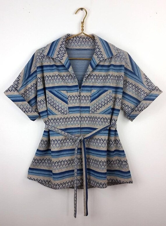 Boho Striped Blue and Tan Belted Shirt - image 1