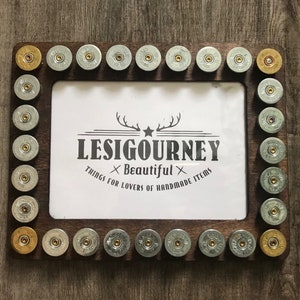 Shotgun bullet photo frame, silver shotgun shells art, unique hunting items, wooden rustic picture frame, gift for him, hunting decor