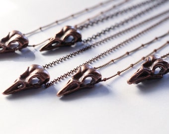 May include: Five copper bird skull necklaces with delicate chains. The bird skulls are detailed and have a slightly aged look.