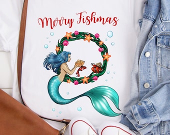 Merry Fishmas Mermaid ChristmasT Shirt, Funny Tee, Cute Xmas Shirt, Holiday Shirt, Unisex, 3 skin tones and colors