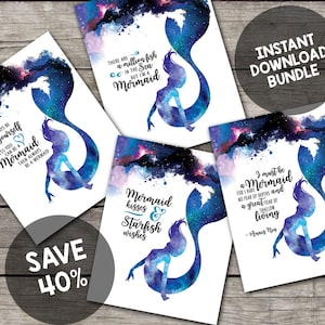 Mermaid Printable - Discount Bundle of Mermaid Quotes, watercolor wall art, use for invitations, nautical decor, and more! INSTANT DOWNLOAD