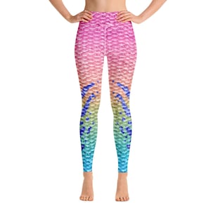 Mermaid Pastel Rainbow Yoga Leggings, Tropical Scale Pattern