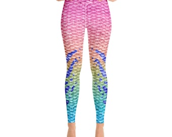 Mermaid Pastel Rainbow Yoga Leggings, Tropical Scale Pattern