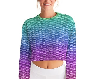 Cropped Mermaid Sweatshirt, Long Sleeve, Fleece Pullover, Rainbow Mermaid Scales