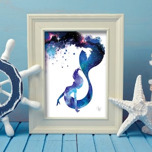 Watercolor Mermaid Print - Galaxy Mermaid Painting - Mermaid lover - Beach Decor -girls bedroom -  Mermaid Gift - Little Mermaid