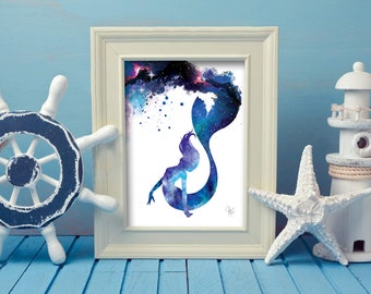 Watercolor Mermaid Print - Galaxy Mermaid Painting - Mermaid lover - Beach Decor -girls bedroom -  Mermaid Gift - Little Mermaid