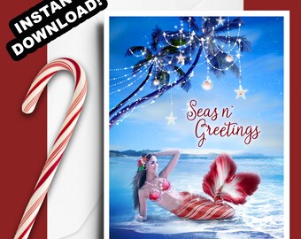 Mermaid Christmas Greeting Card, Holiday Card, Instant Download Printable, Merry Fishmas or Seas n Greetings, ocean or beach lover card