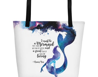 Mermaid Galaxy Beach Tote Bag, I must be a mermaid, Anais Nin Quote