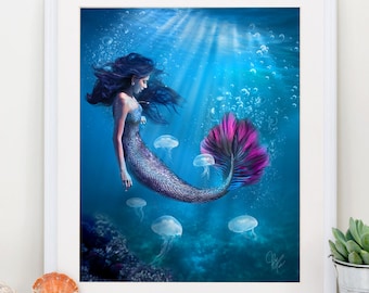 Stampa artistica di sirena blu: fantasia sottomarina, decorazione oceanica