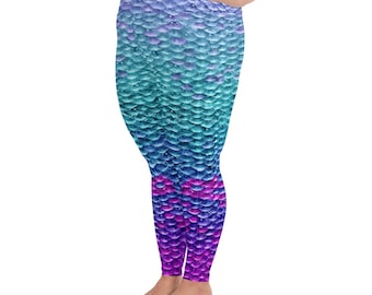 Mermaid Plus Size Yoga Leggings, Scale Print, Ombre, Blue, Purple, Aqua, beach, fitness, yoga, or for fun! 2x 3x 4x 5x 6x