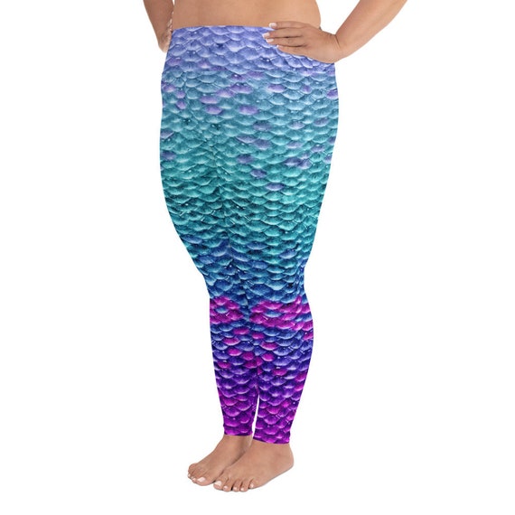 Mermaid Plus Size Yoga Leggings, Scale Print, Ombre, Blue, Purple