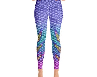 Mermaid Scale Pattern Yoga Leggings, Pocket, Fish Pattern