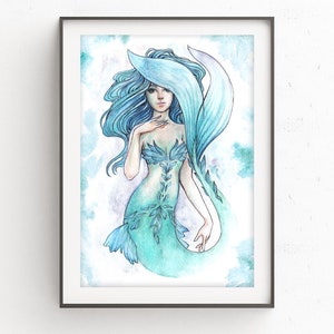 Mermaid Watercolor Print, Hand Embellished with Iridescent Paint it shimmers and glitters, Hand Signed,