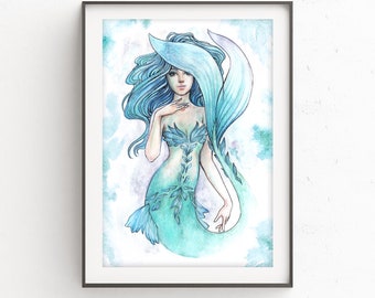 Mermaid Watercolor Print, Hand Embellished with Iridescent Paint it shimmers and glitters, Hand Signed,