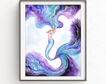 Galaxy Mermaid strony zdobione i podpisane akwarela Print-Mermaid Lover-Beach Decor-syrena Gift-mała syrenka