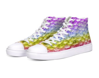 Rainbow Mermaid High Top Sneakers, Converse Style Lace Up Canvas Shoes, Mermaid Pattern