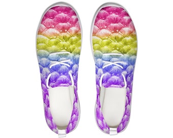 Lace Up Flyknit Shoe Rainbow Mermaid Athletic Shoes, Slip On Flyknit Sneakers