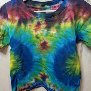 Handmade Tie-dye t-shirt for child, child tie-dye shirt, children tie dye shirt, tie-dye clothes size 5T red, yellow, blue tie dye shirt