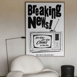 Breaking News TV, Retro Trendy Wall Art, Vintage Wall Art, Black and White Illustration, Wall Print