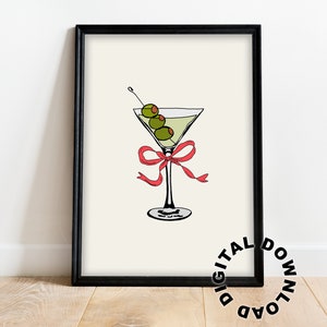 Martini Bow Print, Hand Drawn Martini Print, Bow Print, Trending Bows Print, Aesthetic Martini, Dirty Martini Wall Art, Digital Download