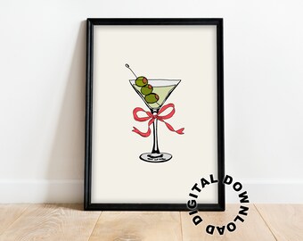 Martini Bow Print, Hand Drawn Martini Print, Bow Print, Trending Bows Print, Aesthetic Martini, Dirty Martini Wall Art, Digital Download
