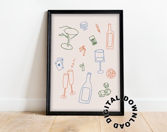 Retro Wall Art, Alcohol Doodle Print, Crayon Sketch Print, Digital Download, Summer Aesthetic Print, Summer Doodle Print, Dorm Wall Art.