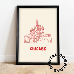Chicago Wall Art, Chicago Doodle Print, Chicago Sketch Print, Digital Download, City Doodle Print, Red Print, Dorm Wall Art, Chicago Skyline