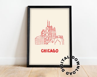 Chicago Wall Art, Chicago Doodle Print, Chicago Sketch Print, Digital Download, City Doodle Print, Red Print, Dorm Wall Art, Chicago Skyline