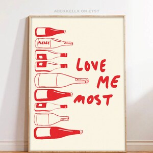 Retro muurkunst, Love Me Most doodle print, rood krijt schets print, fysieke print, wijn doodle print, keuken muur print, slaapzaal kunst aan de muur.