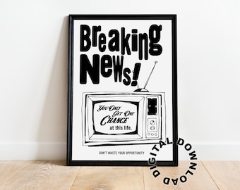 Breaking News Retro Wall Art Vintage Wall Print Digital Download TV Illustration Black and White Print