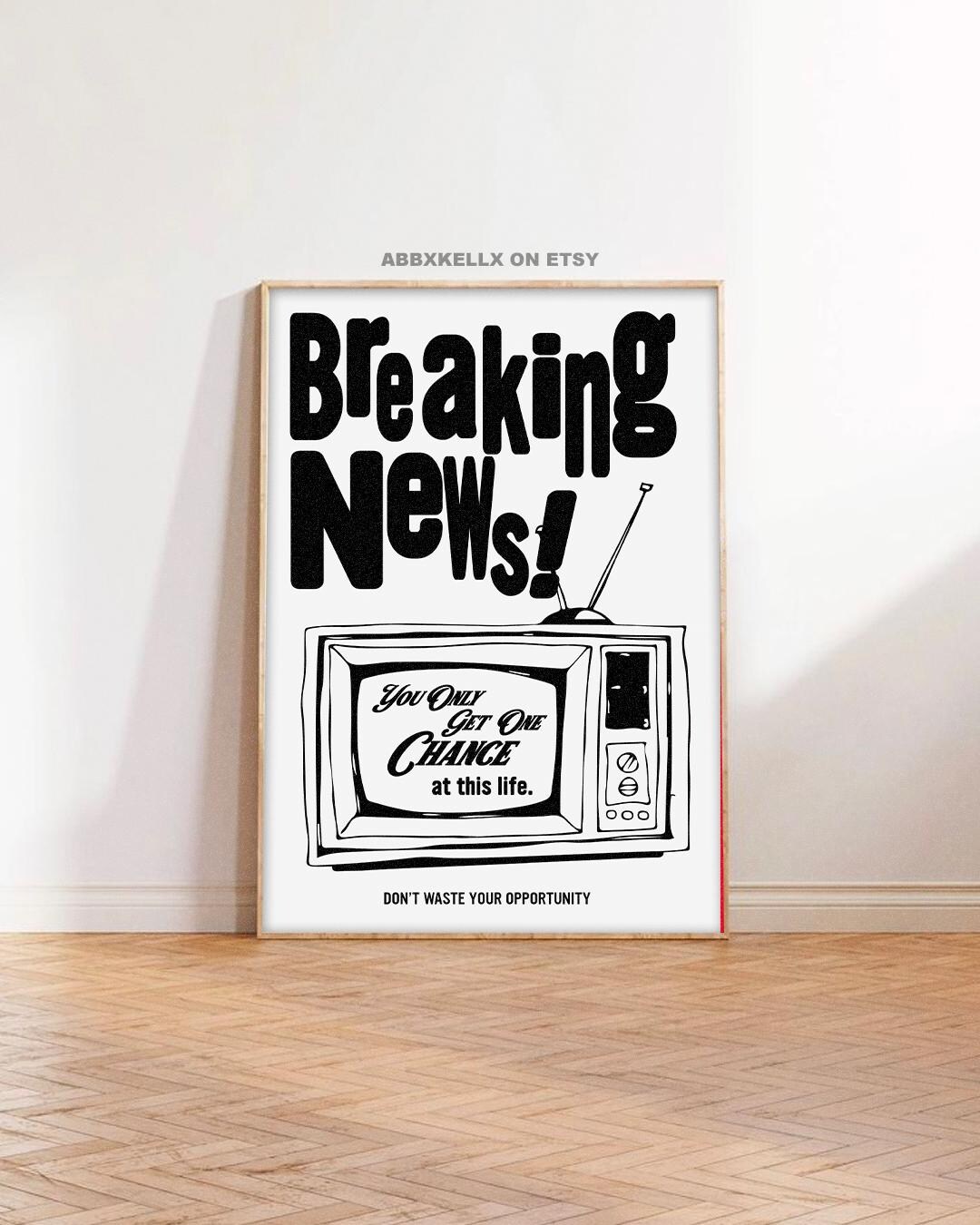 Breaking News TV, Retro Trendy Wall Art, Vintage Wall Art, Black and ...