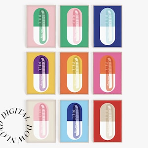 Chill Pill Digital Wall Decor Kit, Pill Wall Prints, 9 Pill Signs, College Dorm, Colorful, Printable, Instant Downloads