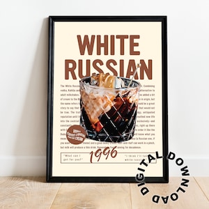 White Russian Digital Wall Print, Vintage Alcohol Wall Art, Bar Cart Wall Print, Digital Download, Holiday Cocktail