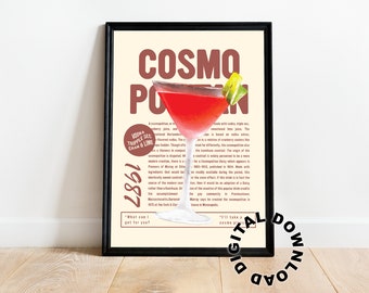 Stampa digitale Cosmopolitan, estetica del carrello bar, stampe di alcolici di riviste vintage, Cosmo, stampe murali, stampa digitale di cocktail, stampe del carrello bar