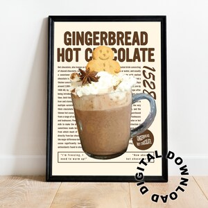 Poster di bevanda al cioccolato caldo al pan di zenzero, arte murale natalizia, stampa di bevande natalizie, download digitale, download digitale natalizio